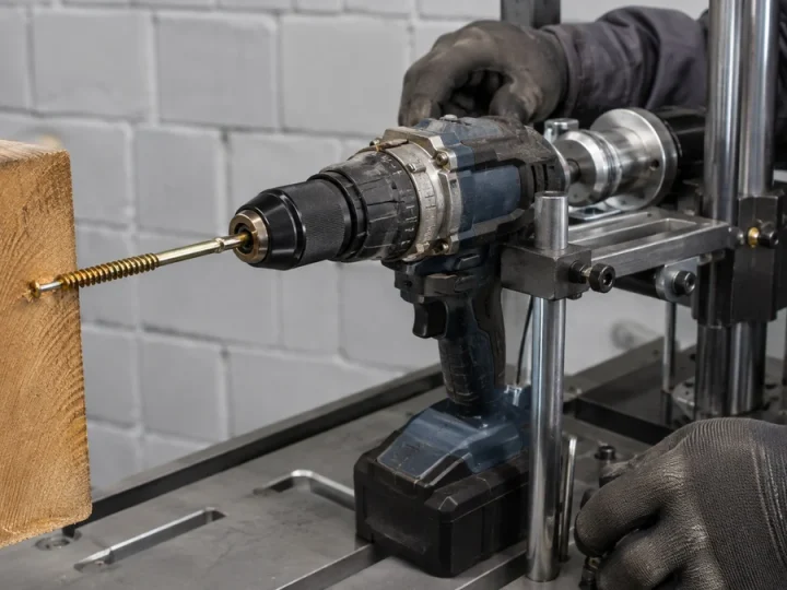 Parafusadeira robusta instalada em dispositivo profissional de teste de torque, aplicando força controlada a um fixador grande em madeira, com embreagem e bateria em evidência