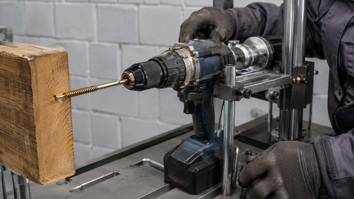 Parafusadeira robusta instalada em dispositivo profissional de teste de torque, aplicando força controlada a um fixador grande em madeira, com embreagem e bateria em evidência