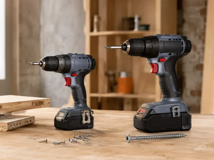 Comparação física limpa entre parafusadeira compacta 12V e modelo 18V de corpo e bateria maiores, ambas sem marca, sobre bancada com pequenos parafusos de móvel e um parafuso estrutural