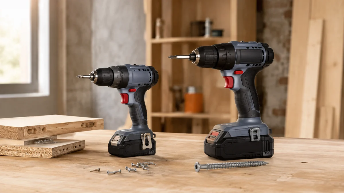 Comparação física limpa entre parafusadeira compacta 12V e modelo 18V de corpo e bateria maiores, ambas sem marca, sobre bancada com pequenos parafusos de móvel e um parafuso estrutural
