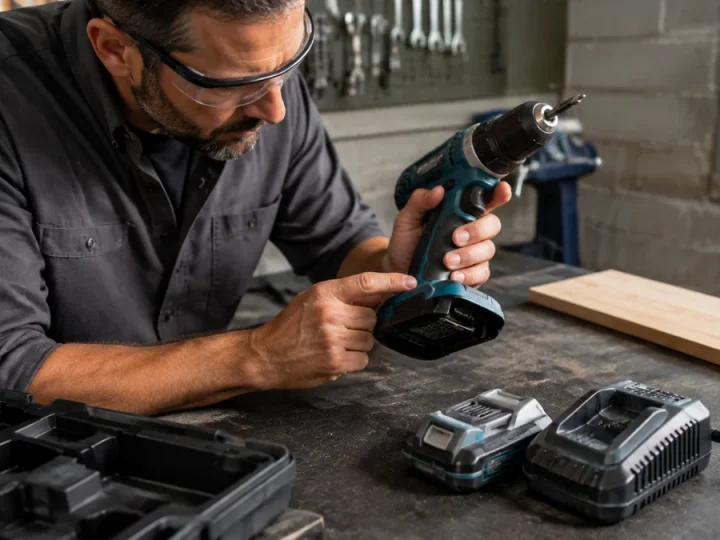 Comprador técnico em bancada inspecionando uma parafusadeira sem marca, a etiqueta do corpo, o encaixe da bateria, carregador e garantia impressa sem texto legível