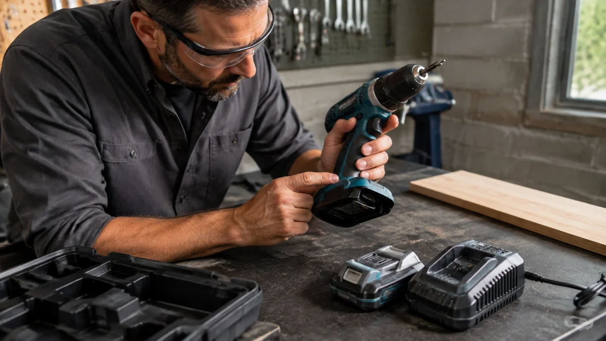 Comprador técnico em bancada inspecionando uma parafusadeira sem marca, a etiqueta do corpo, o encaixe da bateria, carregador e garantia impressa sem texto legível