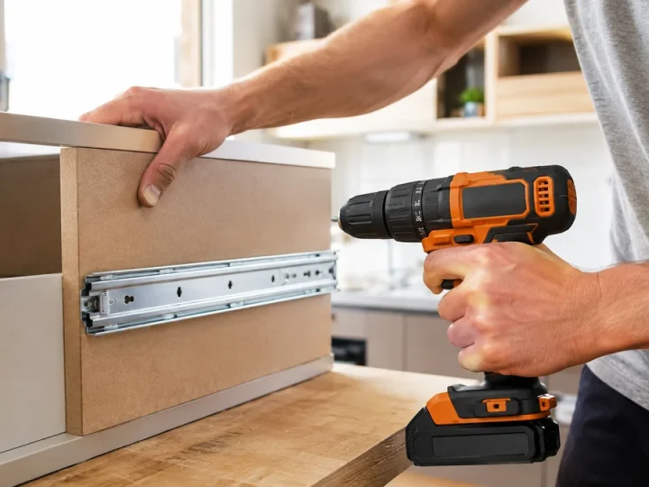 Parafusadeira compacta 12V em cores preto e laranja, sem logotipo, instalando corrediça metálica em gaveta de MDF, ambiente doméstico bem iluminado