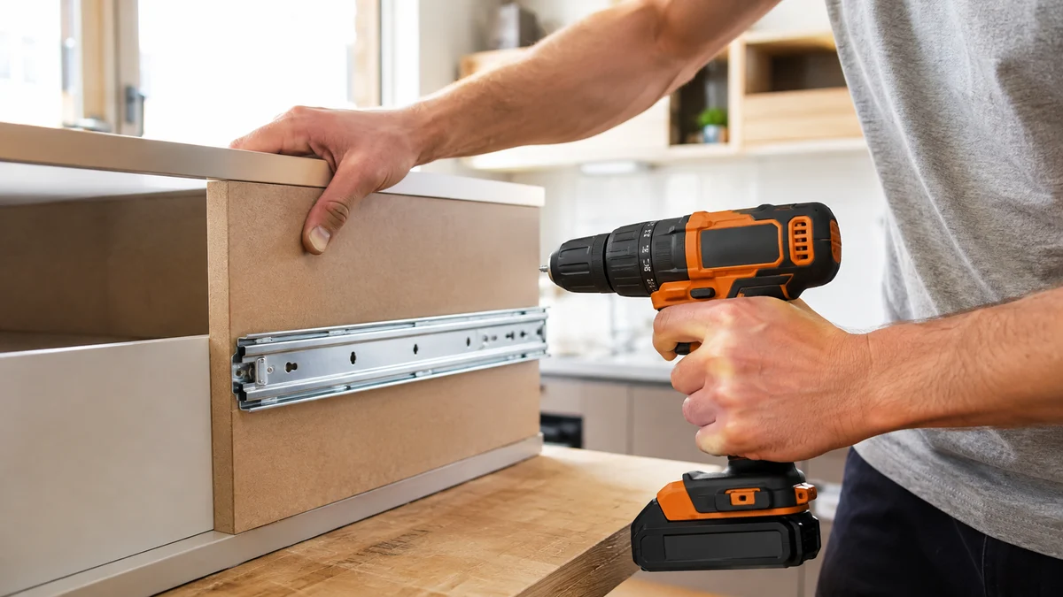 Parafusadeira compacta 12V em cores preto e laranja, sem logotipo, instalando corrediça metálica em gaveta de MDF, ambiente doméstico bem iluminado