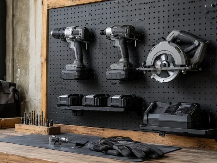 Ecossistema organizado de ferramentas sem fio sem marca em um pegboard profissional, com furadeira, parafusadeira de impacto, serra, baterias intercambiáveis e carregador do mesmo sistema