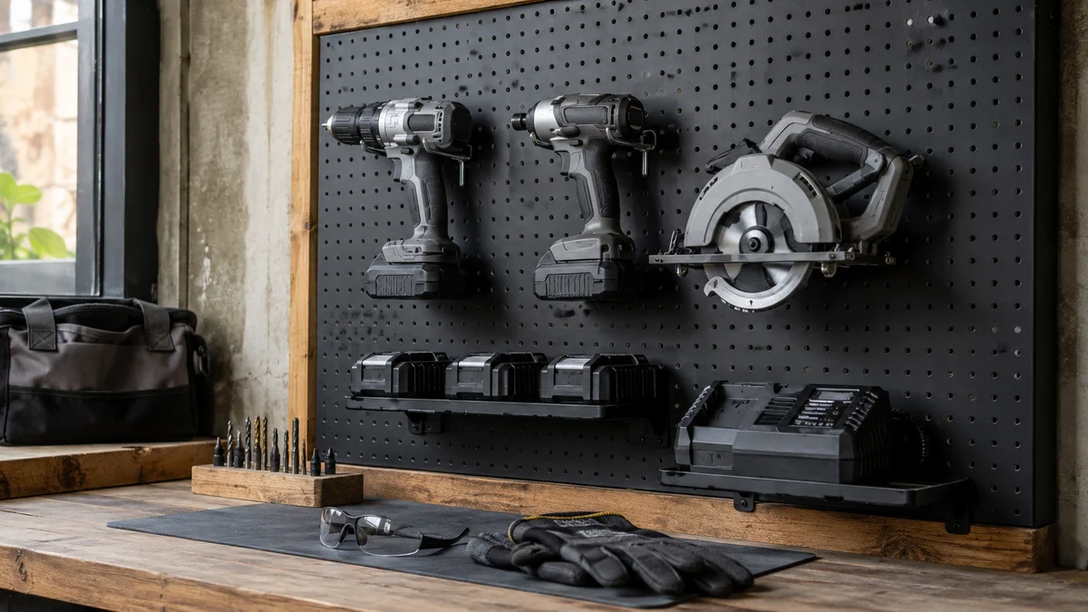 Ecossistema organizado de ferramentas sem fio sem marca em um pegboard profissional, com furadeira, parafusadeira de impacto, serra, baterias intercambiáveis e carregador do mesmo sistema