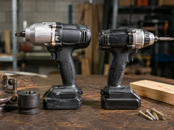 Comparação clara em bancada entre chave de impacto com encaixe quadrado e soquete automotivo e parafusadeira de impacto com encaixe hexagonal e bit para madeira; ferramentas sem marca