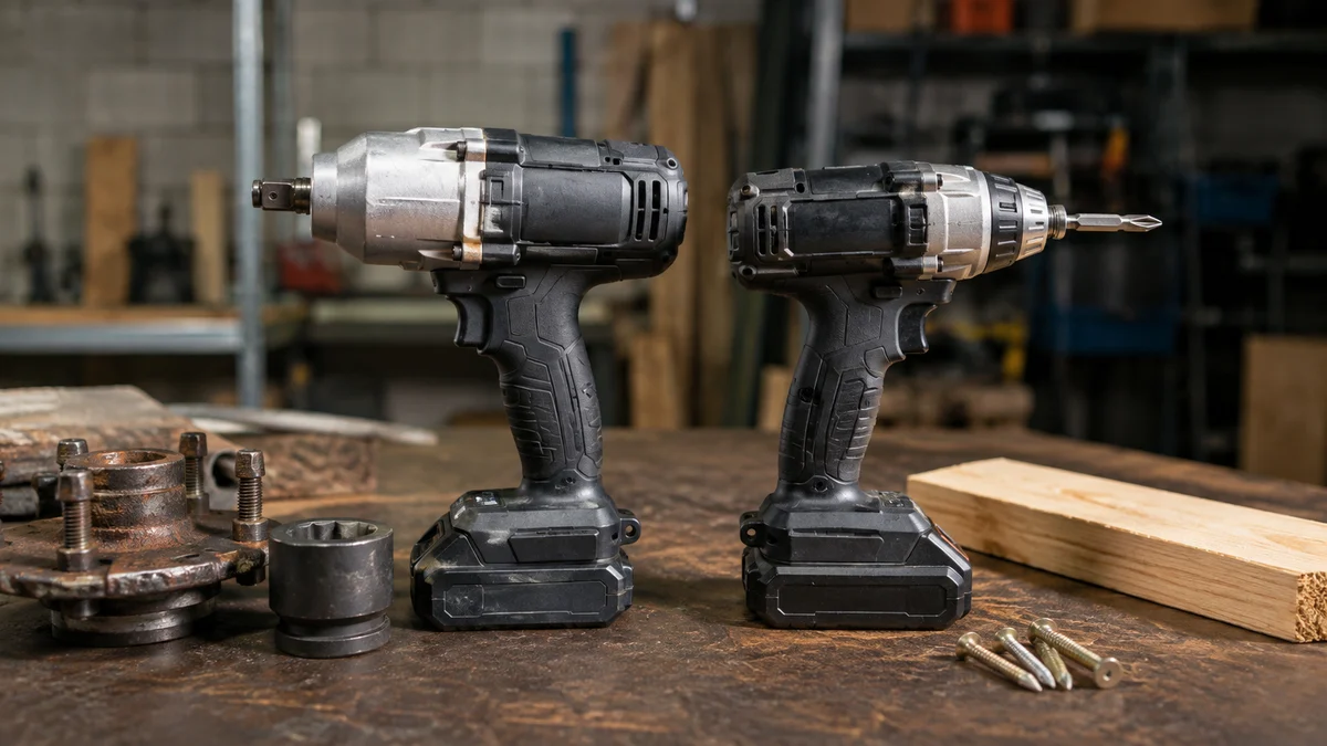 Comparação clara em bancada entre chave de impacto com encaixe quadrado e soquete automotivo e parafusadeira de impacto com encaixe hexagonal e bit para madeira; ferramentas sem marca