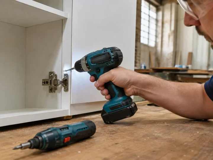 Parafusadeira compacta com empunhadura tipo pistola usada ergonomicamente para instalar uma dobradiça dentro de um gabinete; ao lado, uma chave reta menor mostra a diferença de formato