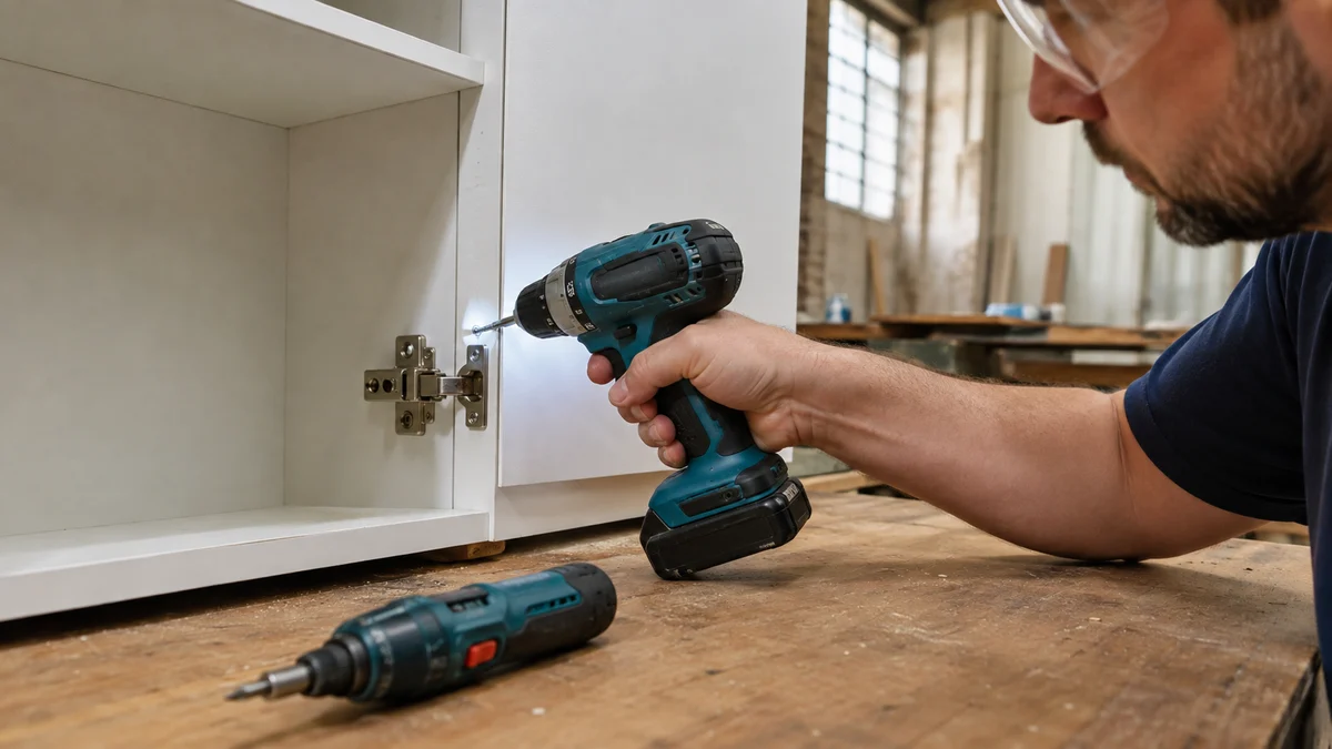 Parafusadeira compacta com empunhadura tipo pistola usada ergonomicamente para instalar uma dobradiça dentro de um gabinete; ao lado, uma chave reta menor mostra a diferença de formato
