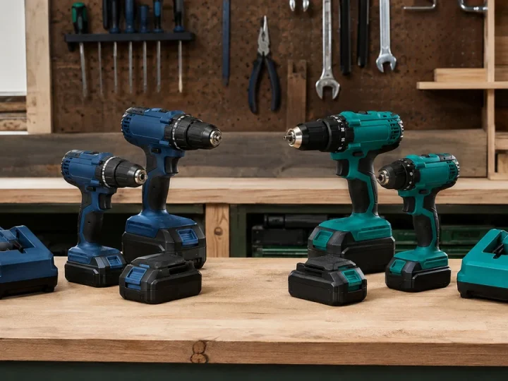 Duas famílias de ferramentas sem marca em uma oficina, uma em azul-escuro e outra em verde-azulado, cada uma com parafusadeira 12V, 18V, bateria e carregador próprios, composição equilibrada