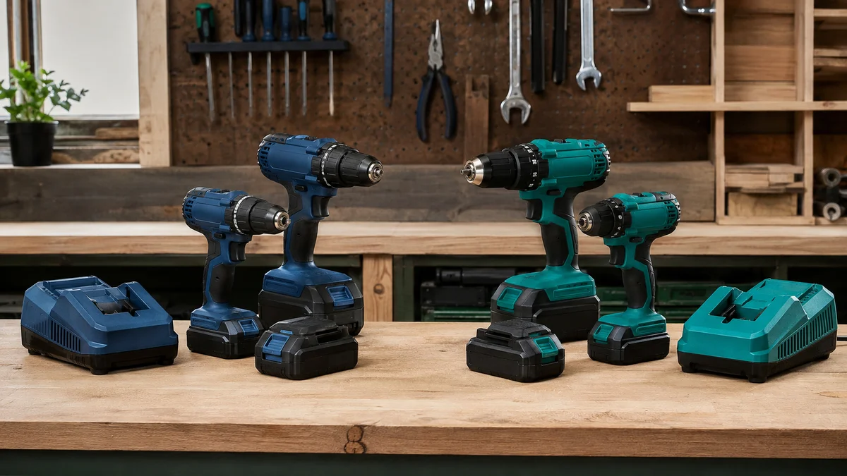 Duas famílias de ferramentas sem marca em uma oficina, uma em azul-escuro e outra em verde-azulado, cada uma com parafusadeira 12V, 18V, bateria e carregador próprios, composição equilibrada