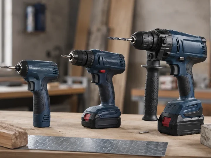 Três classes de ferramentas sem marca em azul-escuro numa bancada: parafusadeira compacta integrada, furadeira/parafusadeira 12V removível e furadeira de impacto 18V com mandril, portes bem…