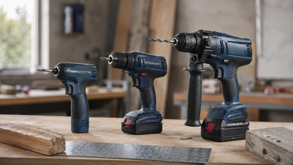 Três classes de ferramentas sem marca em azul-escuro numa bancada: parafusadeira compacta integrada, furadeira/parafusadeira 12V removível e furadeira de impacto 18V com mandril, portes bem…