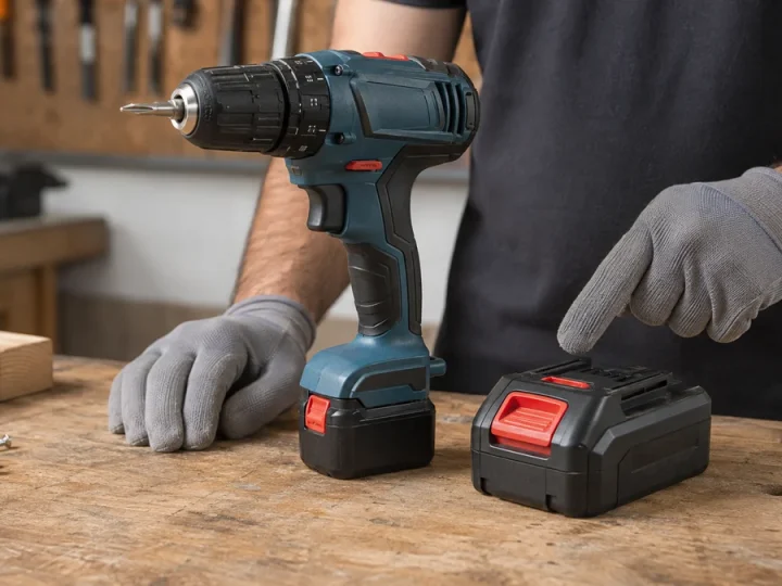 Cena educativa de segurança com uma ferramenta compacta 12V e dois packs fisicamente diferentes, 12V e 18V; a mão encaixa somente o pack correto e mantém o pack incompatível afastado
