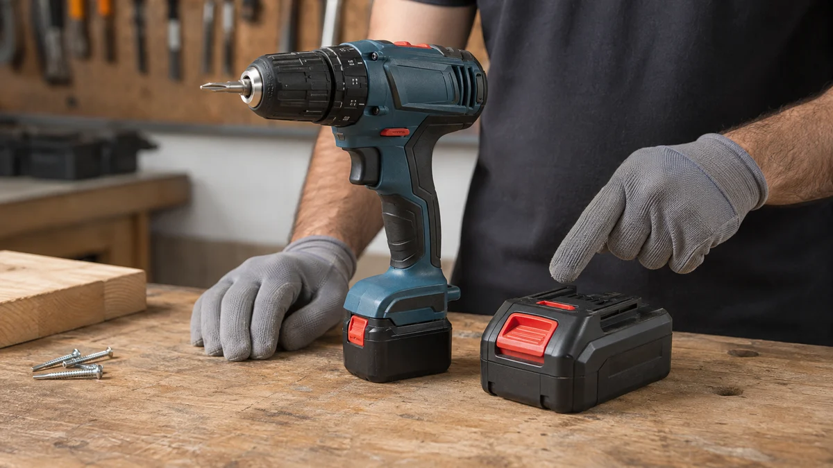 Cena educativa de segurança com uma ferramenta compacta 12V e dois packs fisicamente diferentes, 12V e 18V; a mão encaixa somente o pack correto e mantém o pack incompatível afastado