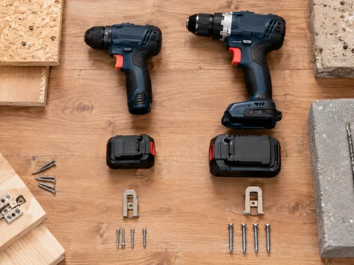 Vista superior de comparação técnica entre ferramentas e baterias 12V e 18V, mostrando proporções, bases, packs e peso visual diferentes ao lado de materiais para montagem leve e perfuração…