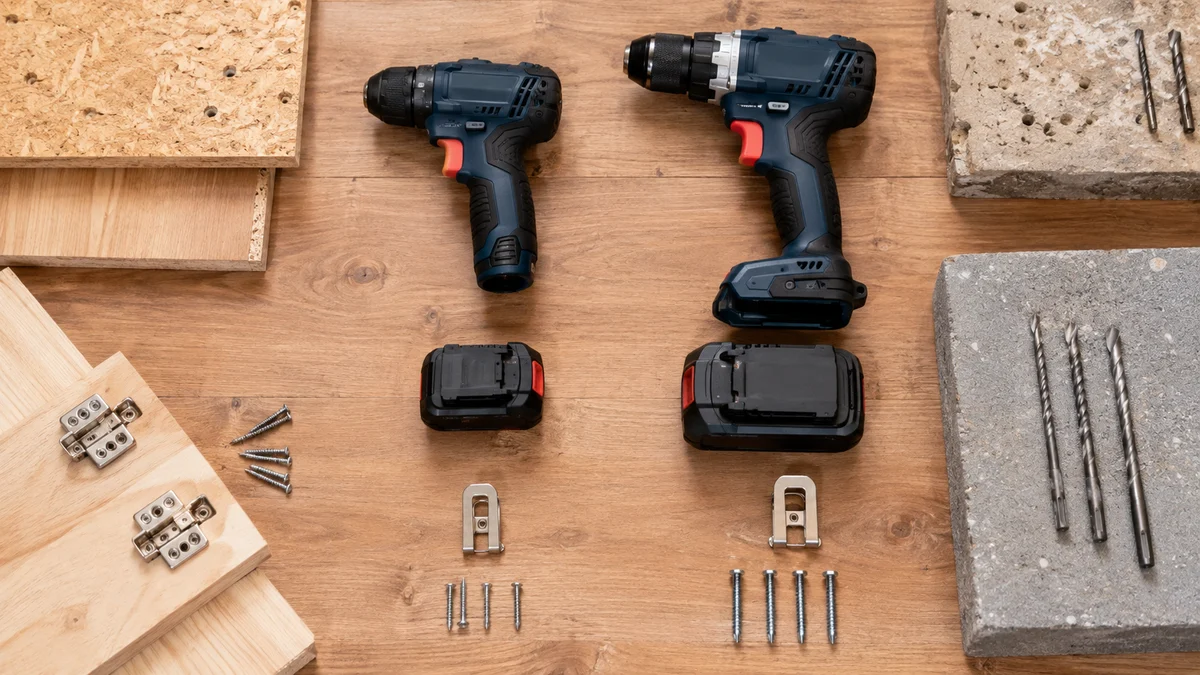 Vista superior de comparação técnica entre ferramentas e baterias 12V e 18V, mostrando proporções, bases, packs e peso visual diferentes ao lado de materiais para montagem leve e perfuração…