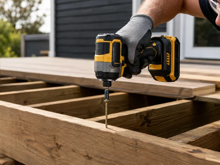 Parafusadeira de impacto a bateria compacta fixando parafuso estrutural em estrutura de deck de madeira, encaixe hexagonal correto, bateria visível, luvas e óculos