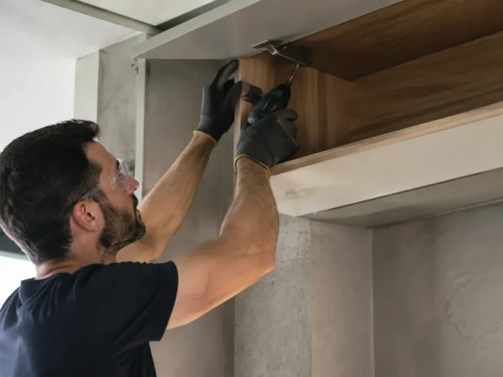 Profissional instalando ferragem em armário aéreo com uma parafusadeira ultracompacta e leve, braço elevado com postura natural e ferramenta pequena claramente visível