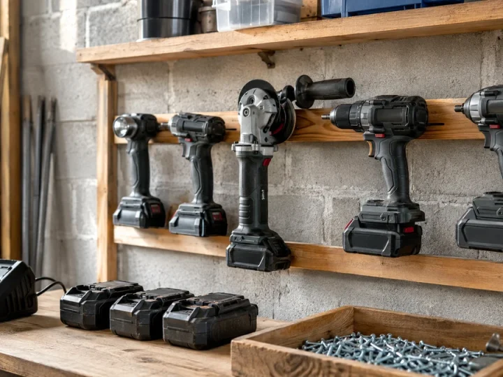 Parede de oficina com ecossistema coerente de ferramentas sem fio sem marca compartilhando a mesma interface de bateria, carregador e packs organizados em primeiro plano