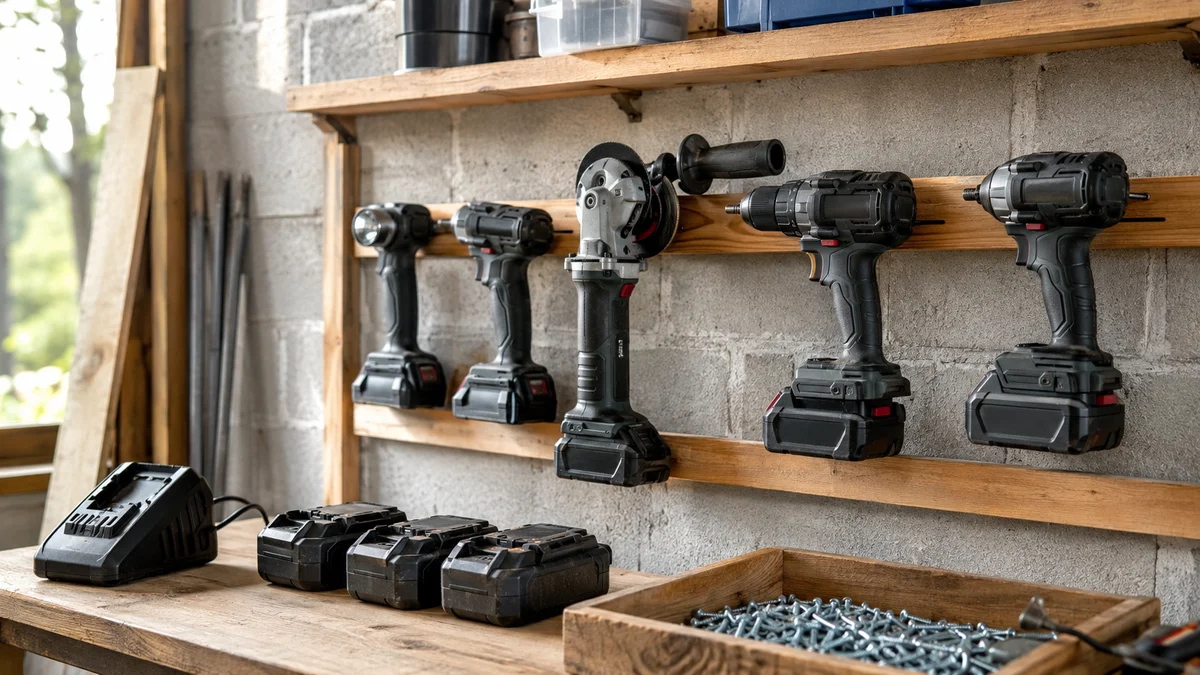 Parede de oficina com ecossistema coerente de ferramentas sem fio sem marca compartilhando a mesma interface de bateria, carregador e packs organizados em primeiro plano