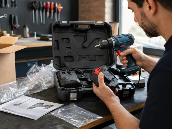 Comprador abrindo um kit de parafusadeira e verificando ferramenta, bateria, carregador, número de série, manual e termo de garantia; detalhes impressos sem texto legível