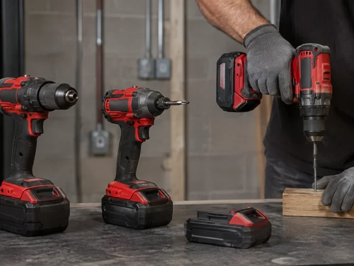 Linha profissional sem marca em vermelho e preto numa bancada de obra, com furadeira 18V compacta, modelo brushless mais robusto, parafusadeira de impacto e duas capacidades de bateria