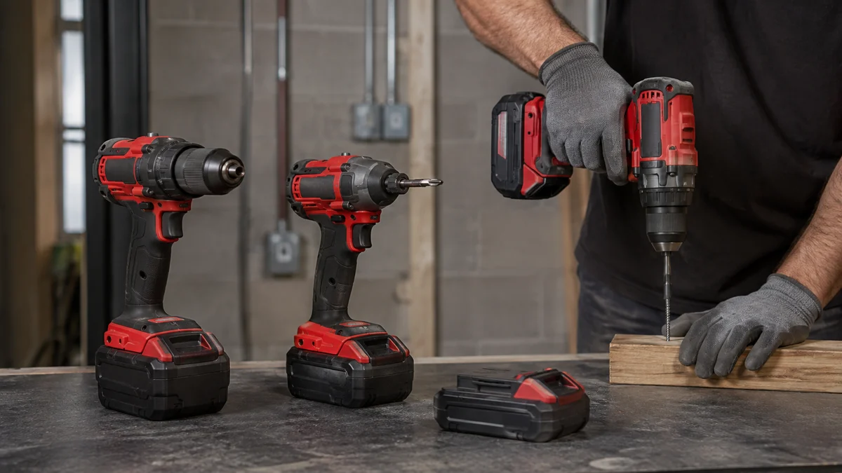 Linha profissional sem marca em vermelho e preto numa bancada de obra, com furadeira 18V compacta, modelo brushless mais robusto, parafusadeira de impacto e duas capacidades de bateria