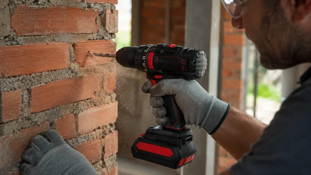 Furadeira/parafusadeira classe 21V sem marca em preto e vermelho, com anel de embreagem e seletor de duas marchas visíveis, perfurando tijolo com impacto e PPE correto