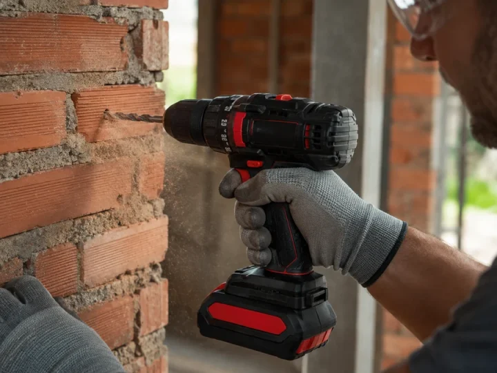 Furadeira/parafusadeira classe 21V sem marca em preto e vermelho, com anel de embreagem e seletor de duas marchas visíveis, perfurando tijolo com impacto e PPE correto