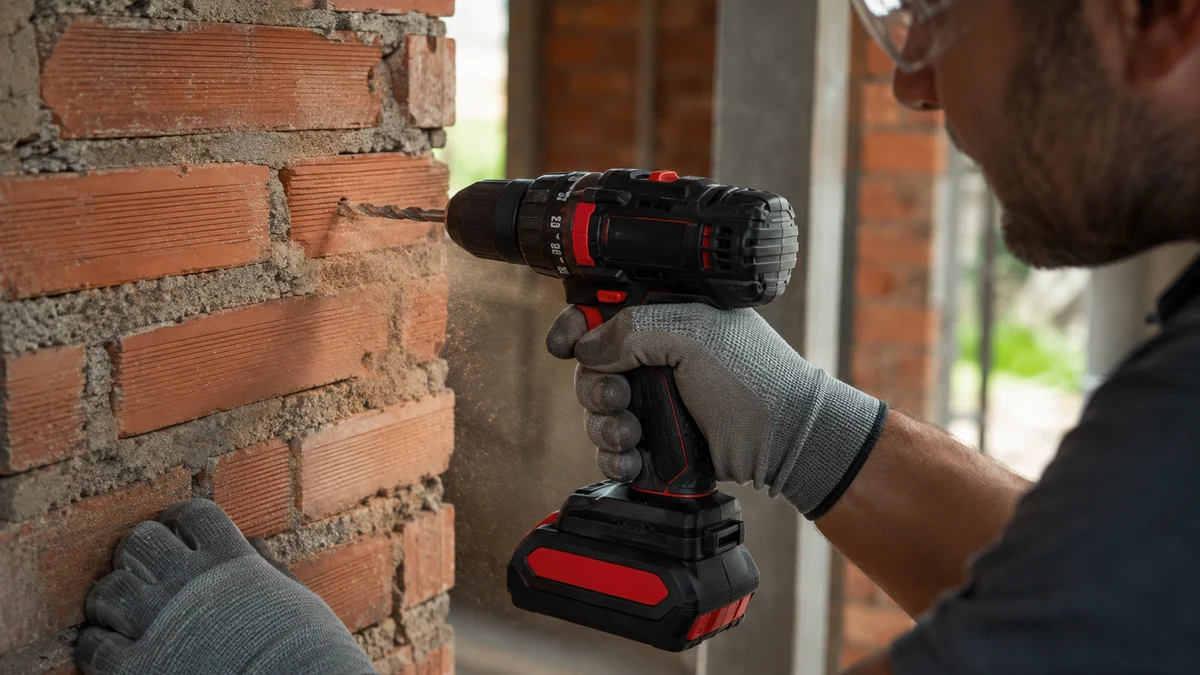 Furadeira/parafusadeira classe 21V sem marca em preto e vermelho, com anel de embreagem e seletor de duas marchas visíveis, perfurando tijolo com impacto e PPE correto