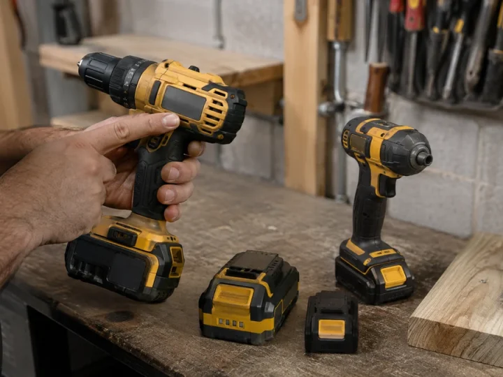 Comparação de identificação entre furadeira/parafusadeira robusta 18V em amarelo e preto e modelo compacto 12V, com baterias de formatos distintos e uma mão conferindo a plaqueta sem texto …