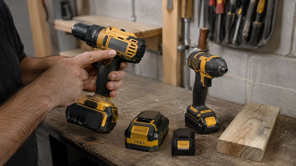 Comparação de identificação entre furadeira/parafusadeira robusta 18V em amarelo e preto e modelo compacto 12V, com baterias de formatos distintos e uma mão conferindo a plaqueta sem texto …