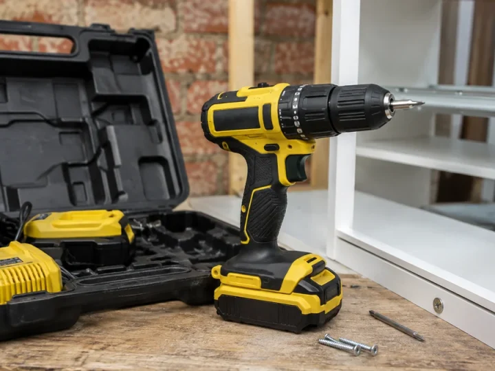 Furadeira/parafusadeira 20V sem marca em amarelo e preto, duas baterias e carregador em estojo aberto, anel de embreagem e seletor de marchas em evidência