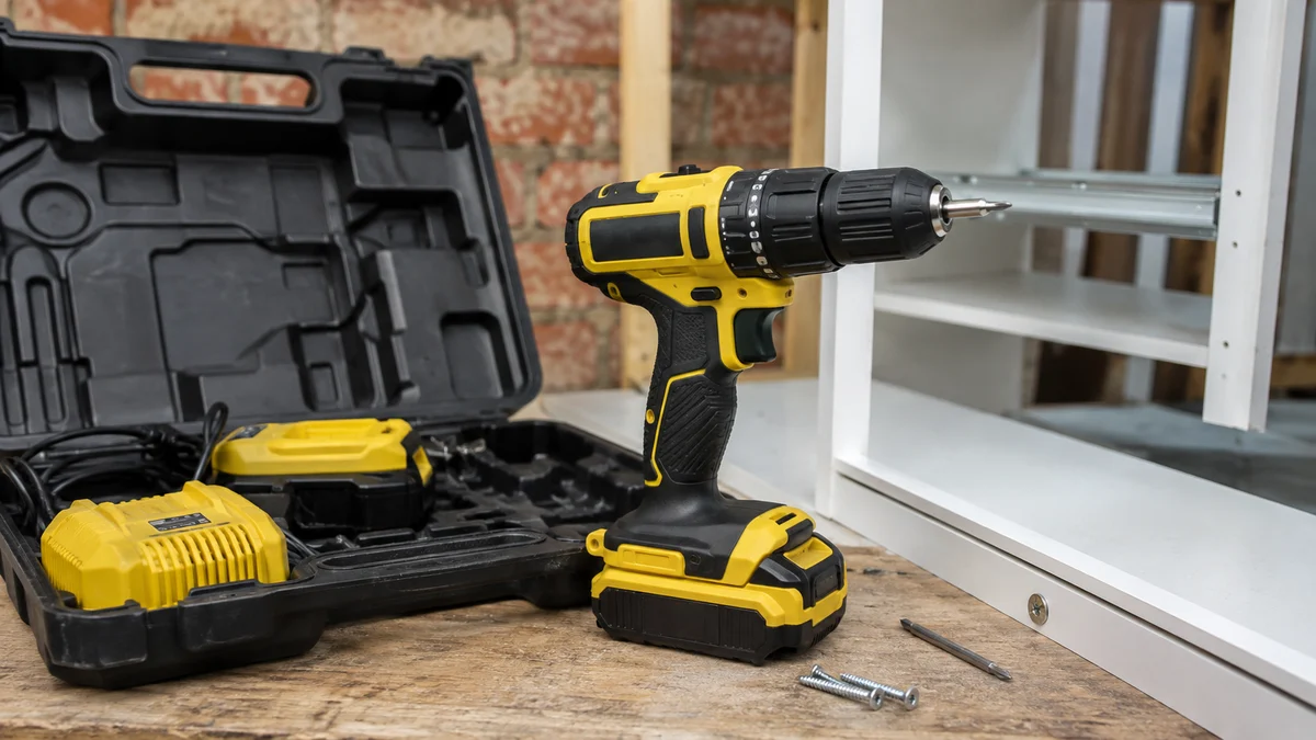 Furadeira/parafusadeira 20V sem marca em amarelo e preto, duas baterias e carregador em estojo aberto, anel de embreagem e seletor de marchas em evidência