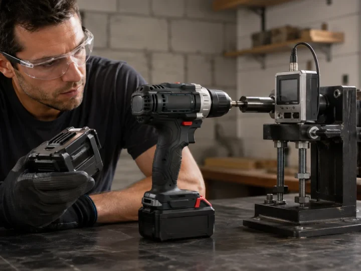Parafusadeira 21V sem marca submetida a teste sério de torque em bancada, com fixador robusto, medidor eletrônico sem números legíveis e bateria sendo inspecionada, comunicando verificação …