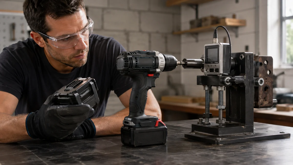 Parafusadeira 21V sem marca submetida a teste sério de torque em bancada, com fixador robusto, medidor eletrônico sem números legíveis e bateria sendo inspecionada, comunicando verificação …