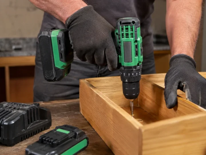 Furadeira/parafusadeira 18V sem marca em verde e preto, com bateria e carregador, realizando manutenção residencial controlada em madeira; manual e garantia próximos