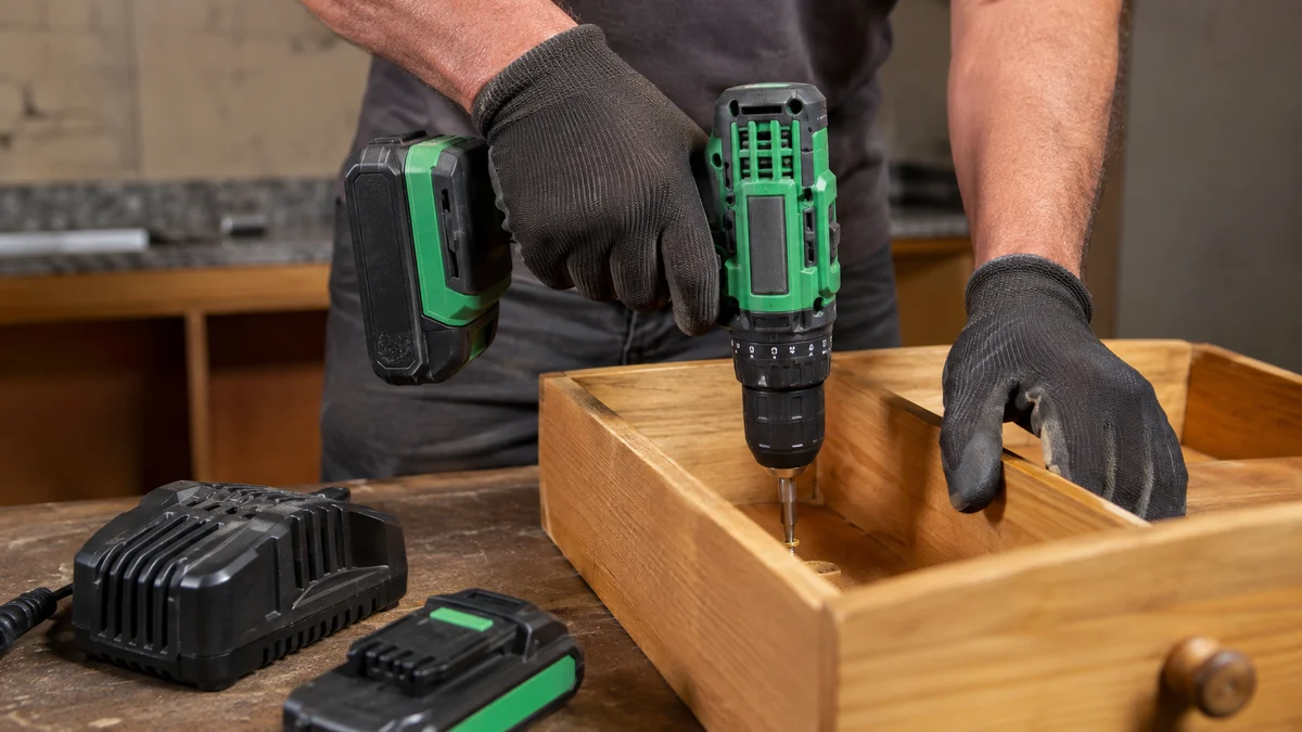Furadeira/parafusadeira 18V sem marca em verde e preto, com bateria e carregador, realizando manutenção residencial controlada em madeira; manual e garantia próximos
