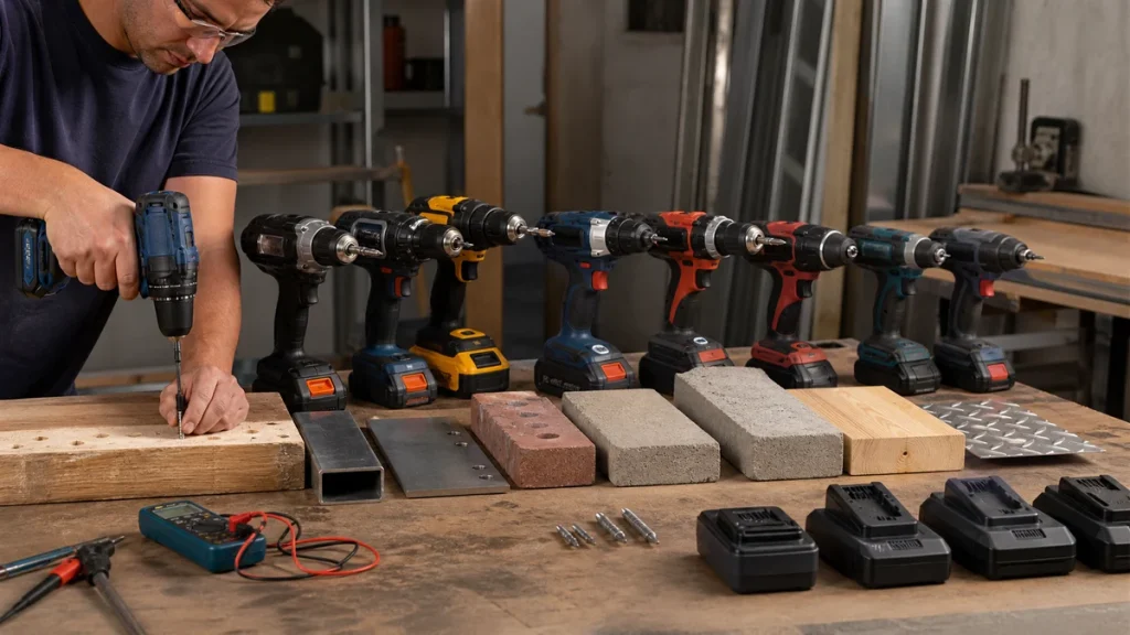 Bancada profissional de teste com variedade organizada de parafusadeiras e furadeiras de diferentes classes, materiais de madeira, metal e alvenaria, baterias e instrumentos de medição
