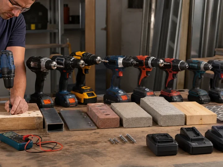 Bancada profissional de teste com variedade organizada de parafusadeiras e furadeiras de diferentes classes, materiais de madeira, metal e alvenaria, baterias e instrumentos de medição