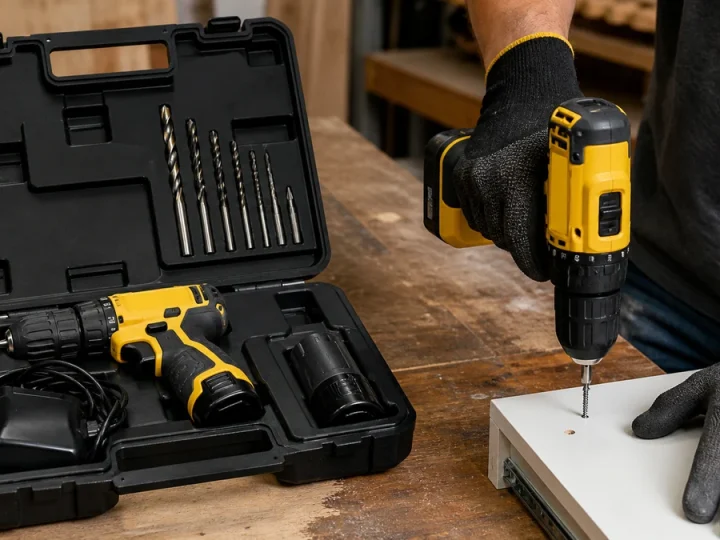 Furadeira/parafusadeira compacta 12V sem marca em amarelo e preto dentro de maleta organizada, bateria, carregador e brocas para madeira e metal, sem acessórios de alvenaria