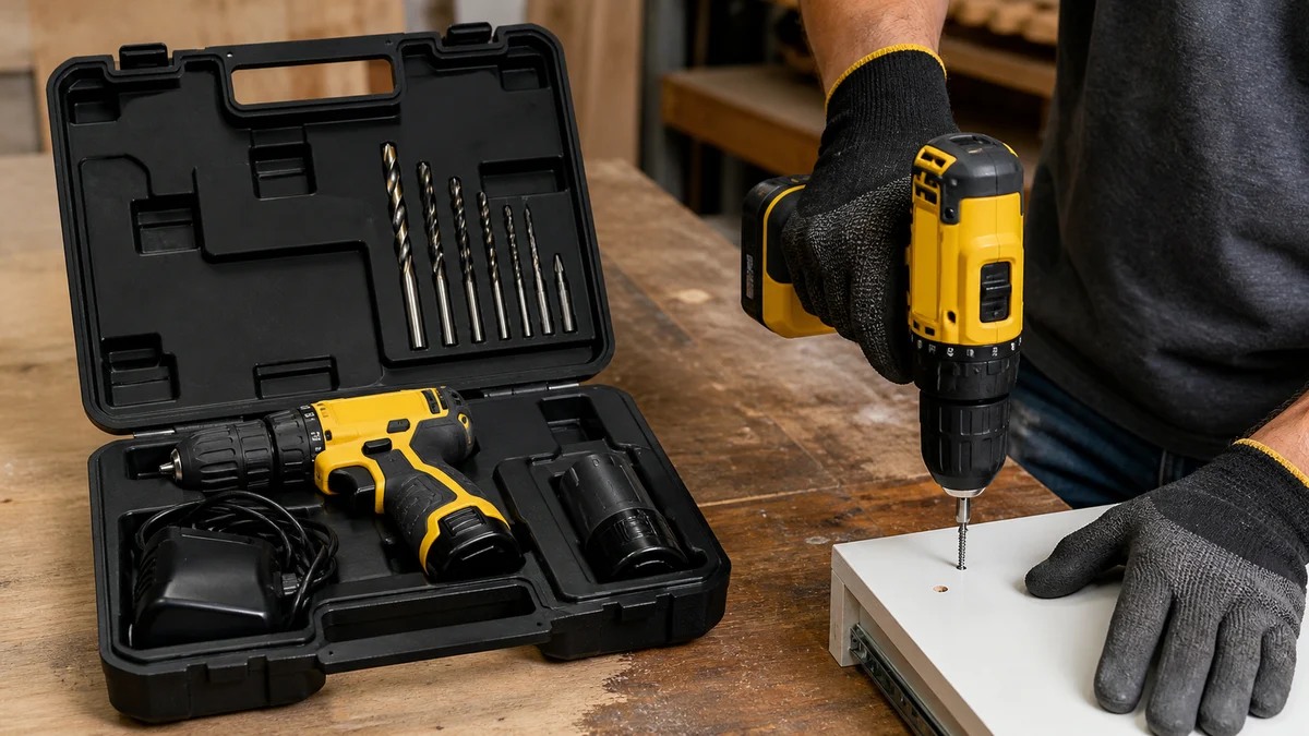 Furadeira/parafusadeira compacta 12V sem marca em amarelo e preto dentro de maleta organizada, bateria, carregador e brocas para madeira e metal, sem acessórios de alvenaria
