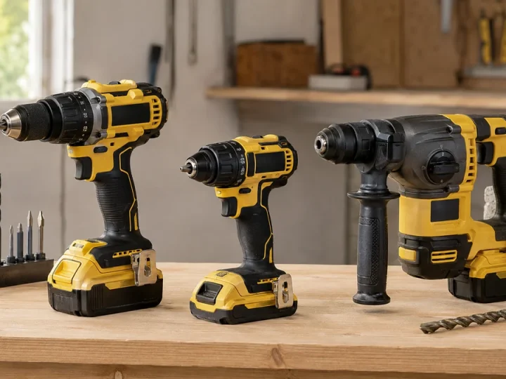 Três classes de furadeiras/parafusadeiras profissionais sem marca em amarelo e preto: modelo geral sem impacto, modelo compacto brushless e hammer drill com impacto, baterias e portes coere…