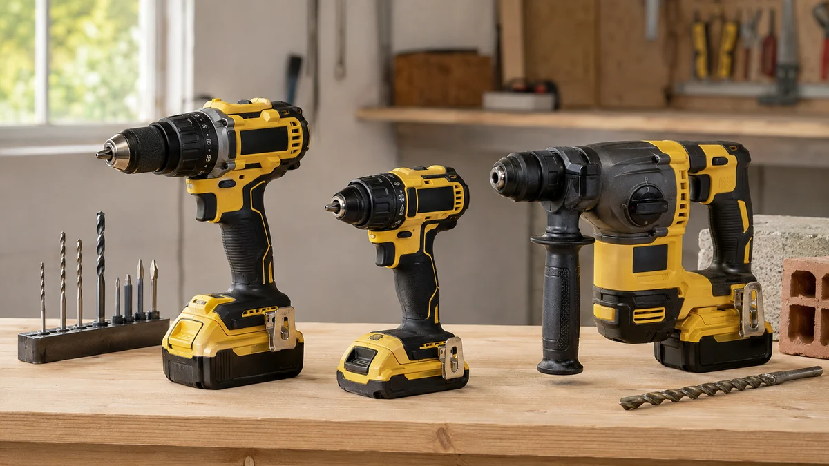 Três classes de furadeiras/parafusadeiras profissionais sem marca em amarelo e preto: modelo geral sem impacto, modelo compacto brushless e hammer drill com impacto, baterias e portes coere…