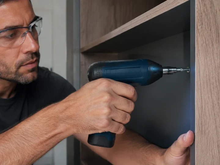Parafusadeira compacta com bateria integrada e encaixe hexagonal, sem marca, em azul-escuro, instalando pequenos parafusos em móvel de MDF num espaço estreito