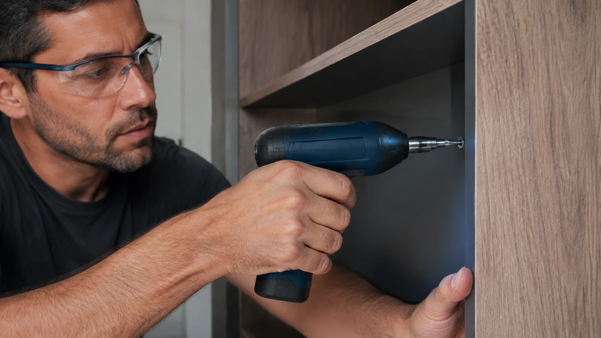 Parafusadeira compacta com bateria integrada e encaixe hexagonal, sem marca, em azul-escuro, instalando pequenos parafusos em móvel de MDF num espaço estreito