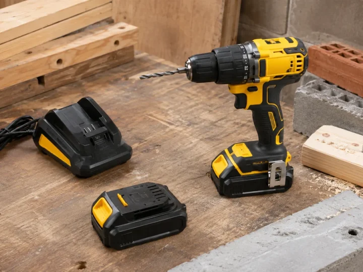 Kit profissional de furadeira/parafusadeira de impacto sem marca em amarelo e preto, corpo brushless, mandril 13 mm, duas baterias e carregador, com amostras de madeira e alvenaria