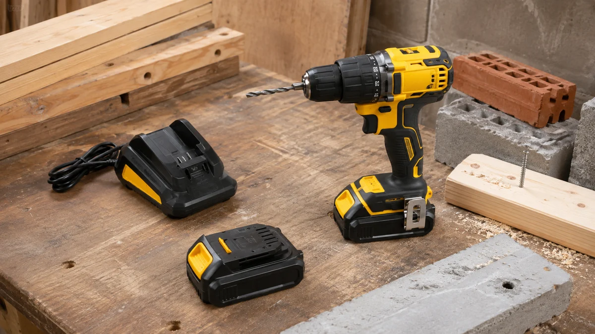Kit profissional de furadeira/parafusadeira de impacto sem marca em amarelo e preto, corpo brushless, mandril 13 mm, duas baterias e carregador, com amostras de madeira e alvenaria